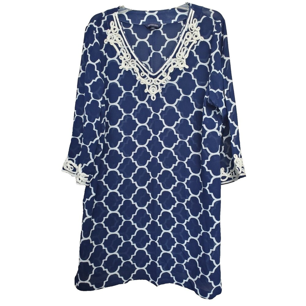 Lands' End Blue Cotton Geo Print Brocade Trim Semi-Sheer Swim Cover-Up Size LGE